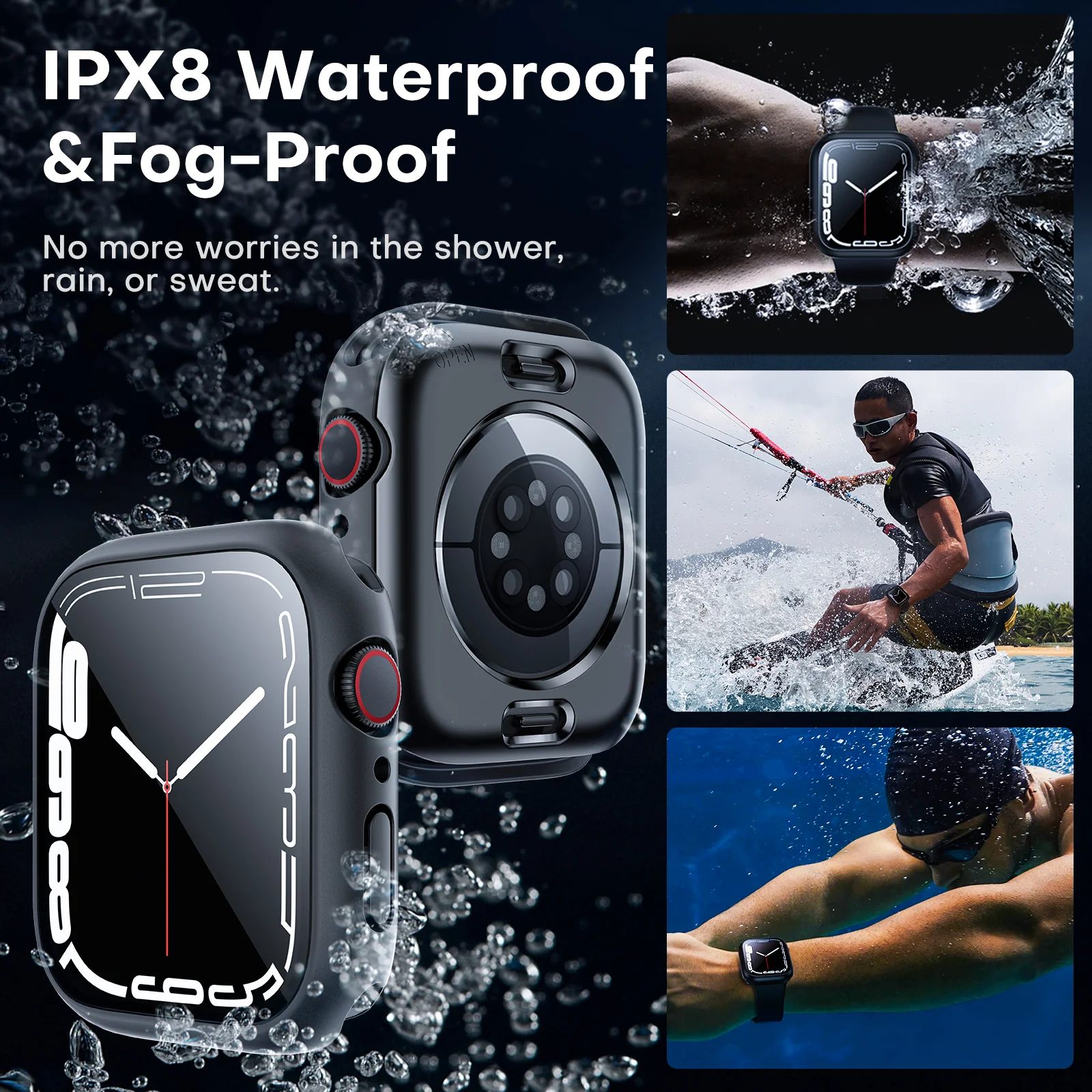 TAURI 2 Pack Waterproof Case Designed for Apple Watch Series 9 (2023) Series 8/7 41mm, [IP67 Waterproof Certified] with 9H Tempered Glass Screen Protector, [Full Protection] Slim Cover 41mm - Black - Image 3