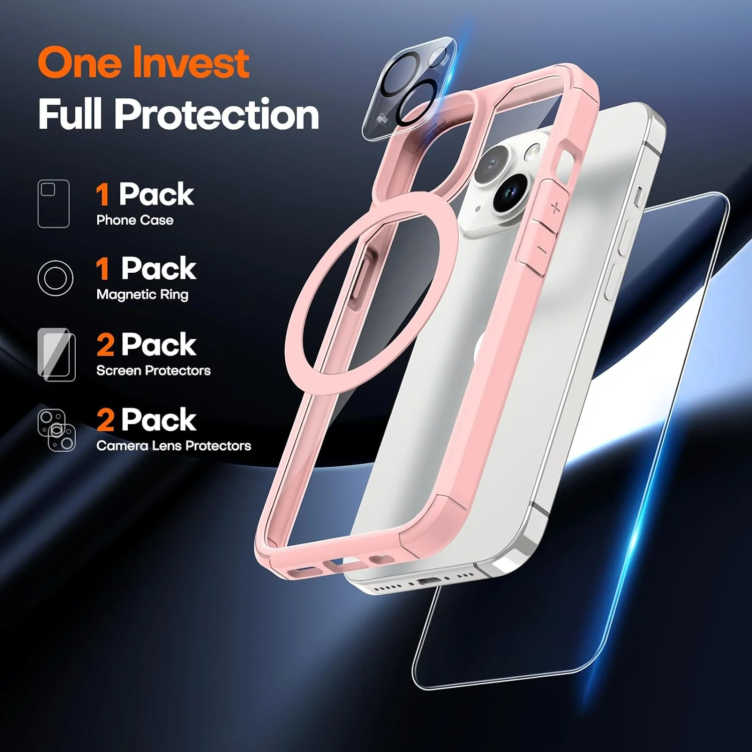TAURI 5 in 1 Designed for iPhone 15 Plus Case, [Not-Yellowing] with 2X Tempered Glass Screen Protector + 2X Camera Lens Protector, [Military-Grade Drop Protection] Slim Phone Case 6.7 Inch Pink - Image 3