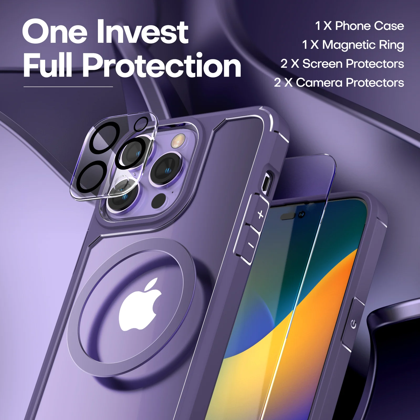 TAURI [5 in 1] for iPhone 14 Pro Case, [Not Yellowing] with 2X Tempered Glass Screen Protector + 2X Camera Lens Protector, [Military Grade Drop Protection] Shockproof Slim Phone Case 6.1 Inch, Purple - Image 3