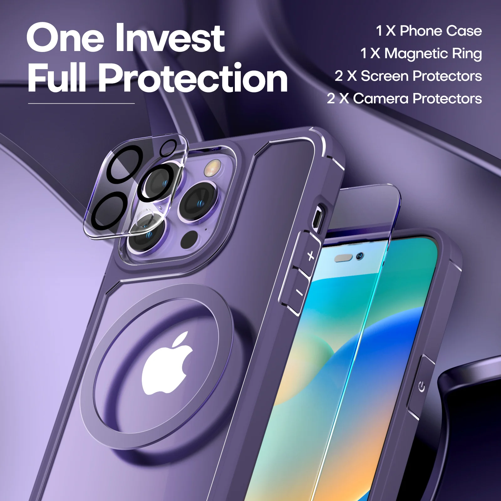 TAURI [5 in 1] for iPhone 14 Pro Max Case [Not Yellowing], with 2 Tempered Glass Screen Protectors + 2 Camera Lens Protectors [Military Grade Protection] Shockproof Slim 14 Pro Max 6.7 Inch, Purple - Image 3
