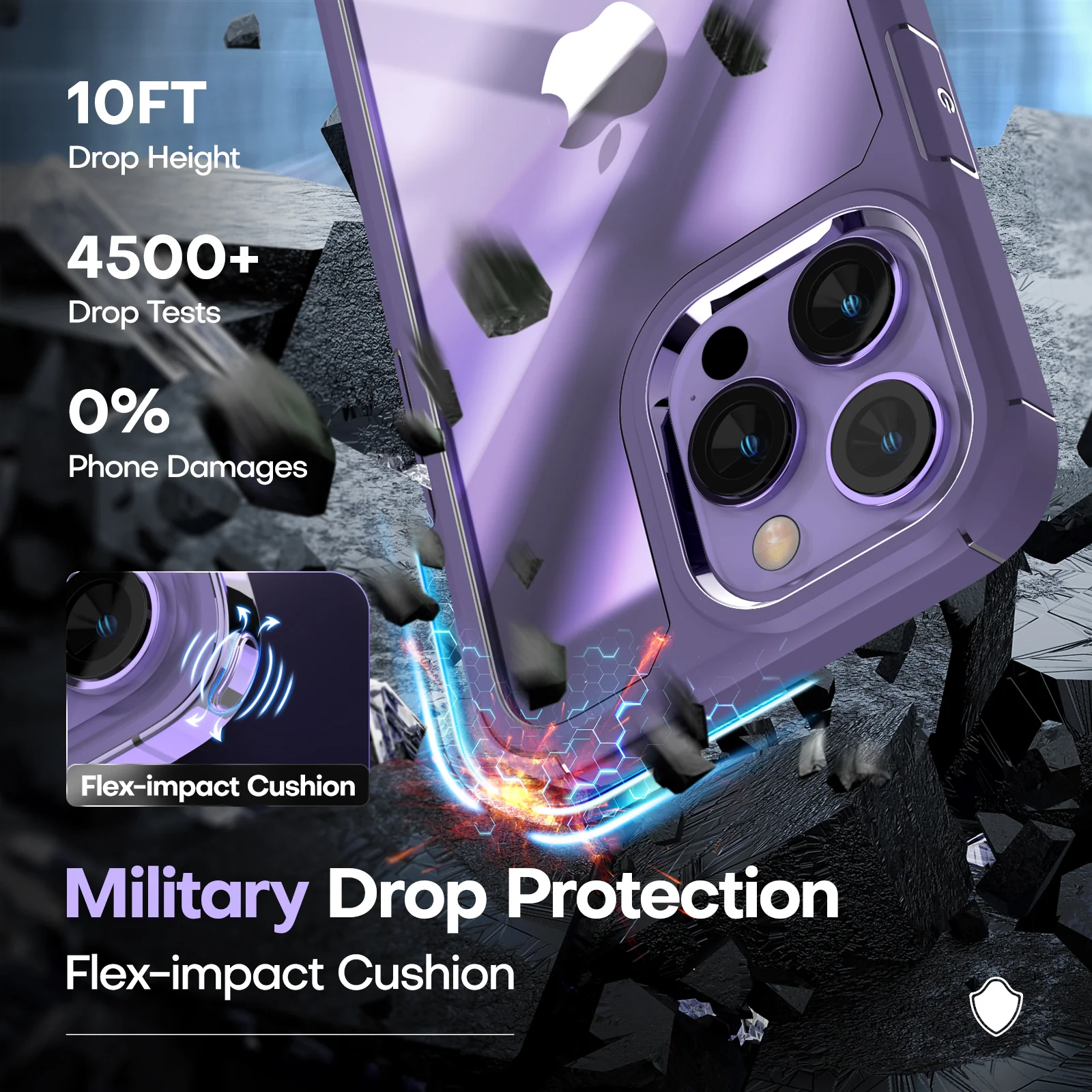 TAURI [5 in 1] for iPhone 14 Pro Max Case [Not Yellowing], with 2 Tempered Glass Screen Protectors + 2 Camera Lens Protectors [Military Grade Protection] Shockproof Slim 14 Pro Max 6.7 Inch, Purple - Image 4