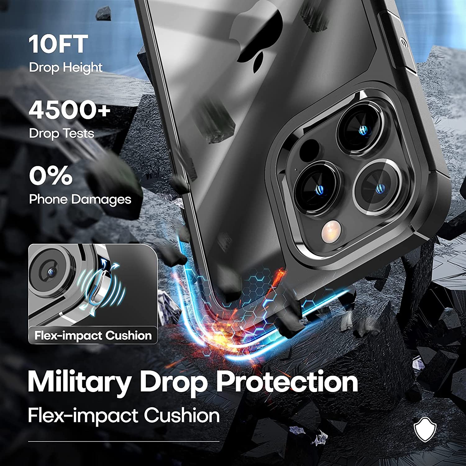 TAURI [5 in 1] for iPhone 14 Pro Case, [Not Yellowing] with 2X Tempered Glass Screen Protector + 2X Camera Lens Protector, [Military Grade Drop Protection] Shockproof Slim Phone Case 6.1 Inch, Black - Image 4