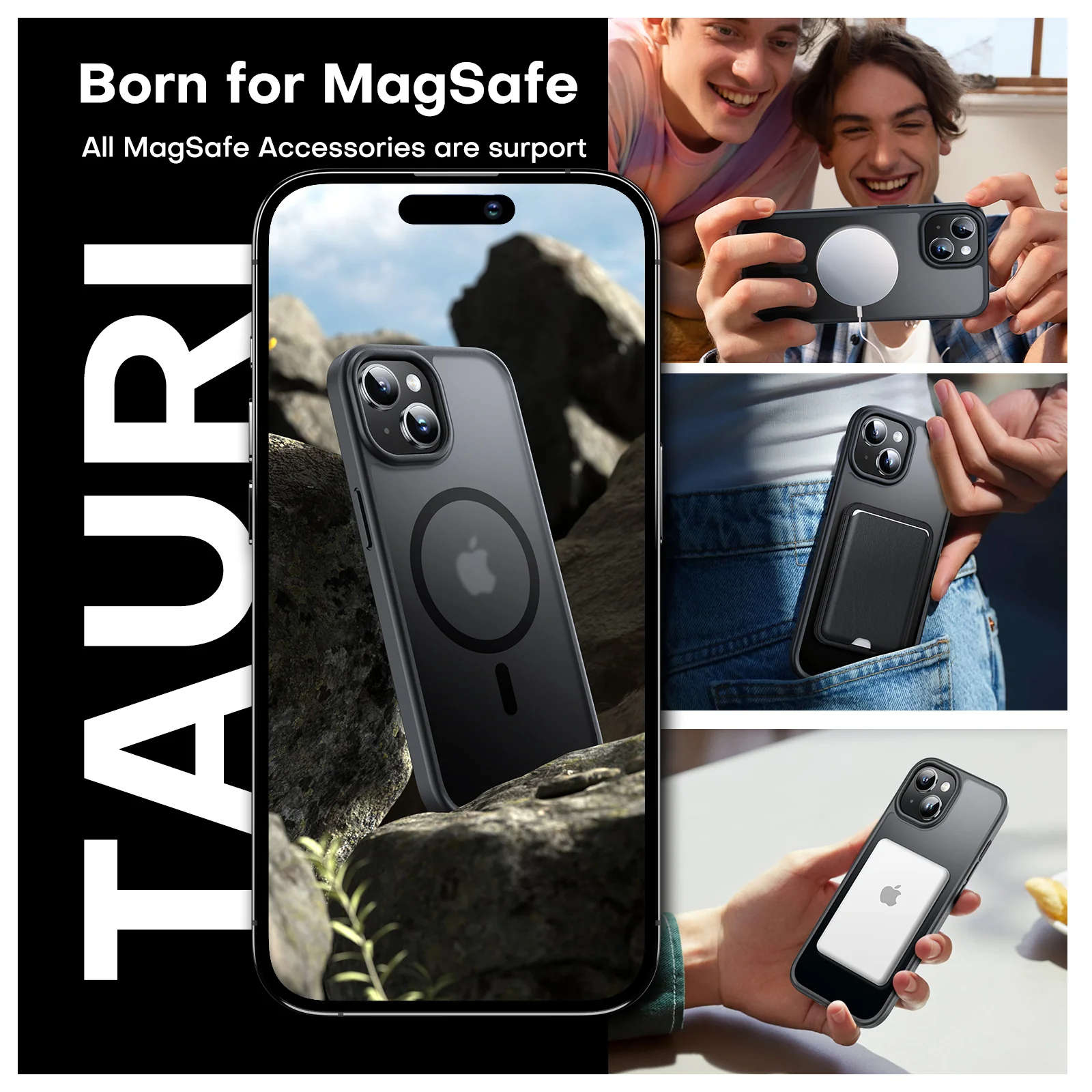 TAURI 5 in 1 Magnetic Case for iPhone 15 Plus [Mil-Grade Drop Protection] with 2X Tempered Screen Protector +2X Camera Lens Protector, Translucent Matte Slim Mag-Safe Case 6.7" - Black - Image 6