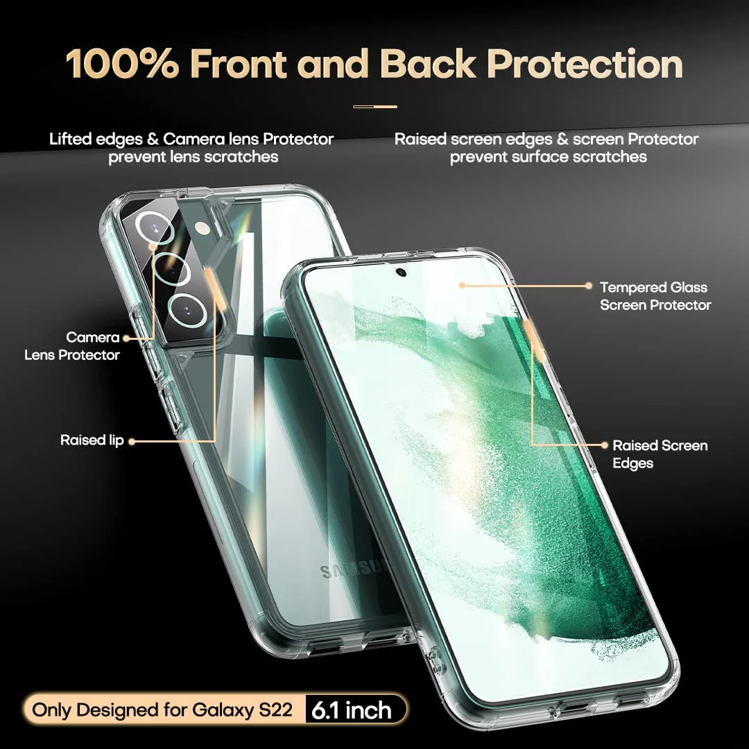 TAURI [5 in 1] Shockproof Designed for Samsung Galaxy S22 Case 5G 6.1 Inch, with 2 Pack Tempered Glass Screen Protector + 2 Pack Camera Lens Protector [Military Grade Protection] Slim Thin Cover - Image 4