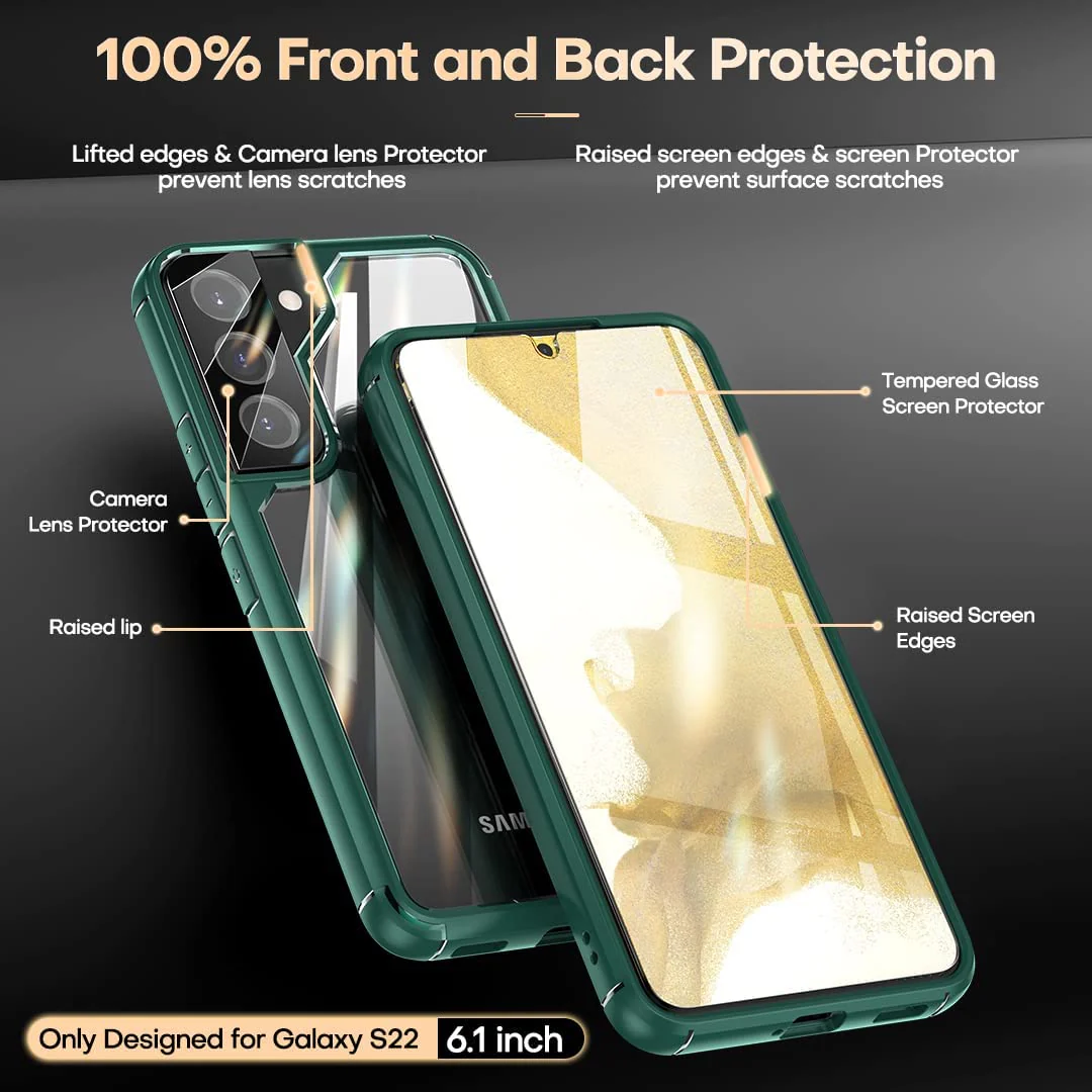 TAURI [5 in 1] Shockproof Designed for Samsung Galaxy S22 Case 5G 6.1 Inch, with 2 Pack Tempered Glass Screen Protector + 2 Pack Camera Lens Protector [Military Grade Protection] Slim Thin Cover - Image 4