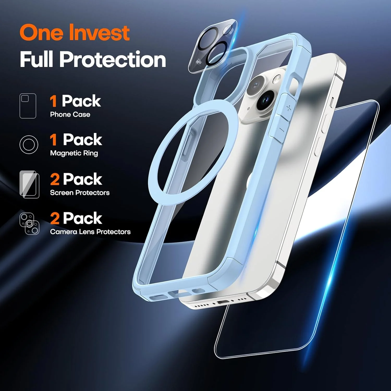 TAURI for iPhone 15 Plus Case, [5 in 1] 1X Clear Case [Not-Yellowing] with 2X Screen Protector + 2X Camera Lens Protector, [Militarized Drop Defense] Slim Phone Case 6.7 inch, Light Blue - Image 3