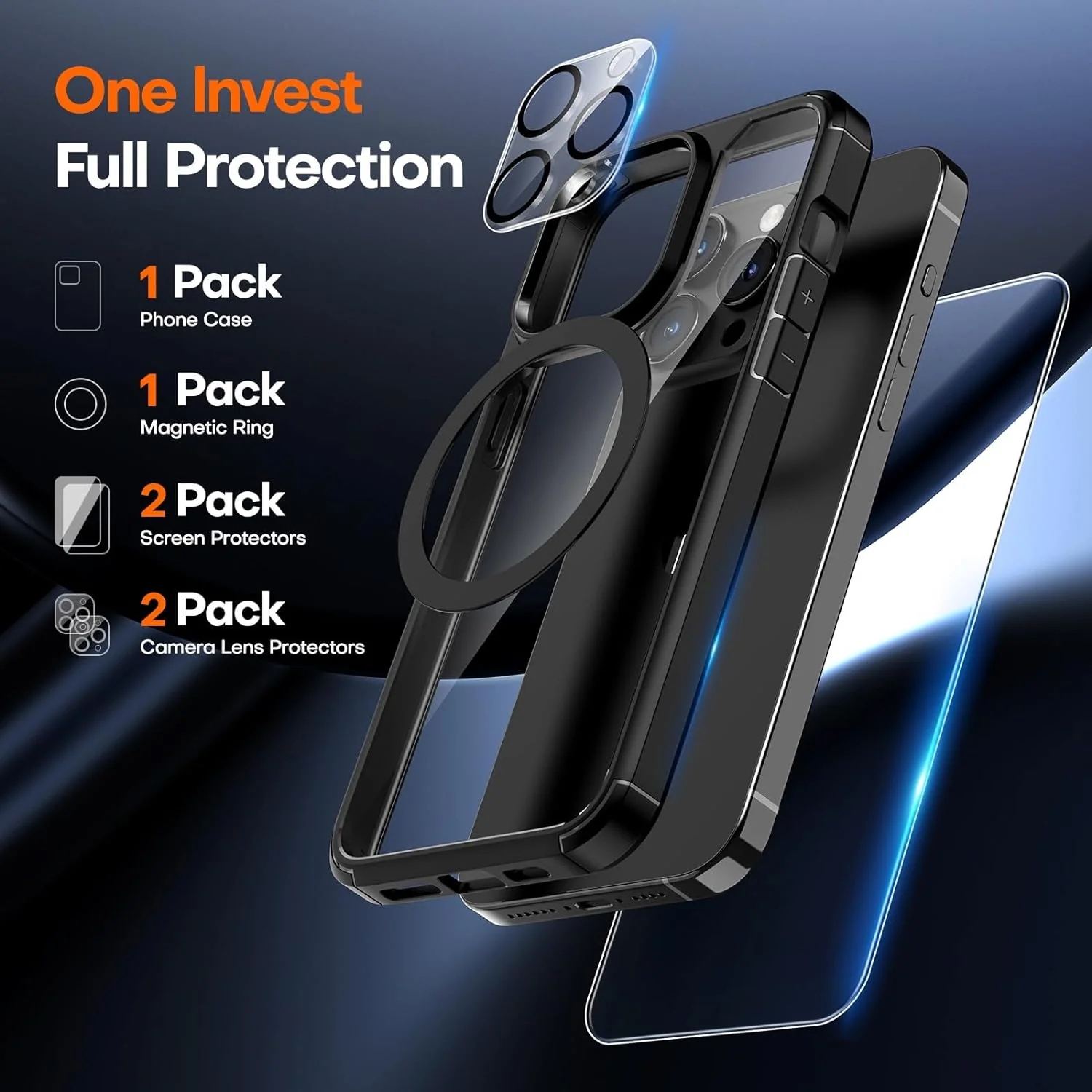 TAURI for iPhone 15 Pro Max Case, [5 in 1] 1X Clear Case [Not-Yellowing] with 2X Tempered Glass Screen Protector + 2X Camera Lens Protector, [Militarized Drop Defense] Slim Phone Case 6.7 inch, Black - Image 3