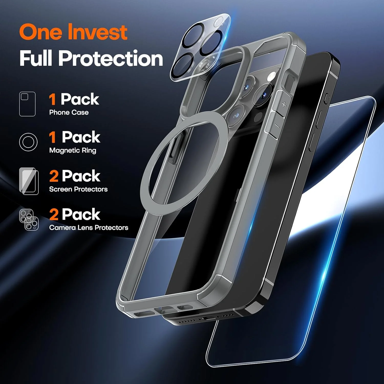 TAURI for iPhone 15 Pro Max Case, [5 in 1] 1X Clear Case [Not-Yellowing] with 2X Tempered Glass Screen Protector + 2X Camera Lens Protector, [Militarized Drop Defense] Slim Phone Case 6.7 inch, Gray - Image 3