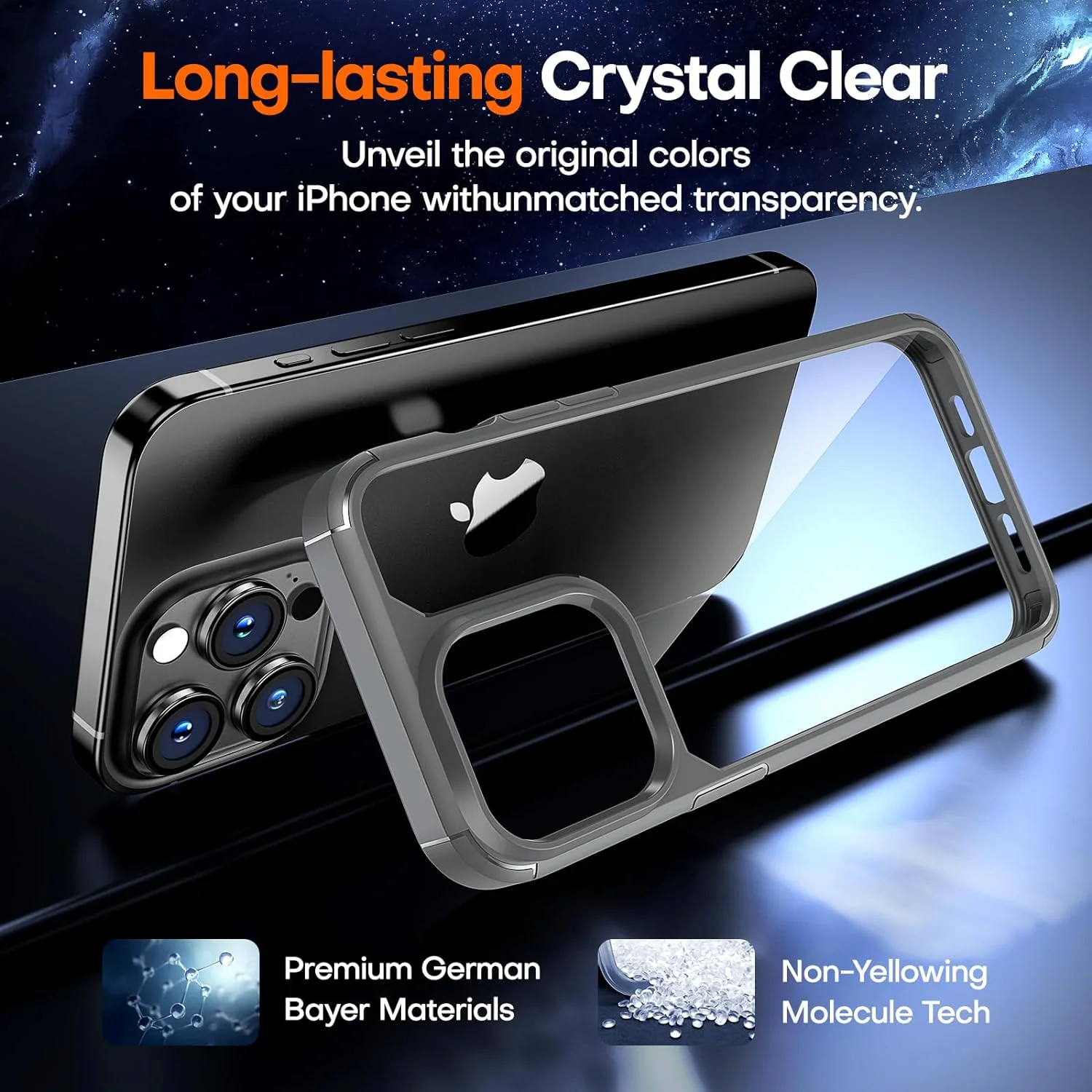 TAURI for iPhone 15 Pro Max Case, [5 in 1] 1X Clear Case [Not-Yellowing] with 2X Tempered Glass Screen Protector + 2X Camera Lens Protector, [Militarized Drop Defense] Slim Phone Case 6.7 inch, Gray - Image 5