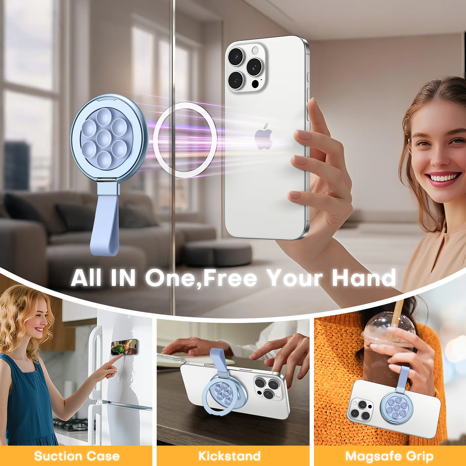 TAURI for Magsafe Suction Phone Grip - Universal Magnetic Suction Grip, 360° Rotating Hands-Free Holder, Silicone Suction Grip for iPhone 16 Pro Max/15/Android/S25,Blue - Image 3