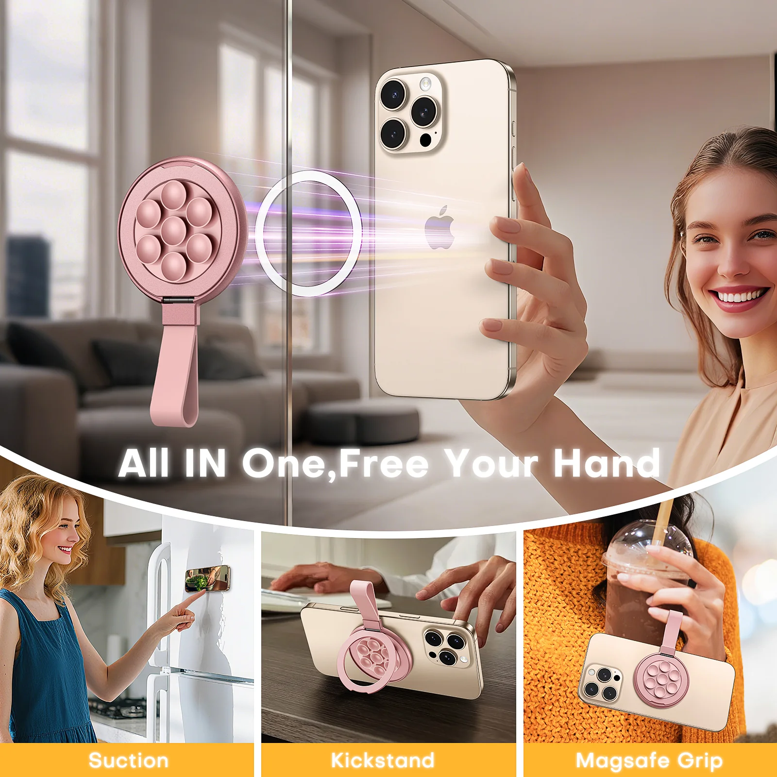 TAURI for Magsafe Suction Phone Grip - Universal Magnetic Suction Grip, 360° Rotating Hands-Free Holder, Silicone Suction Grip for iPhone 16 Pro Max/15/Android/S25,Pink - Image 3
