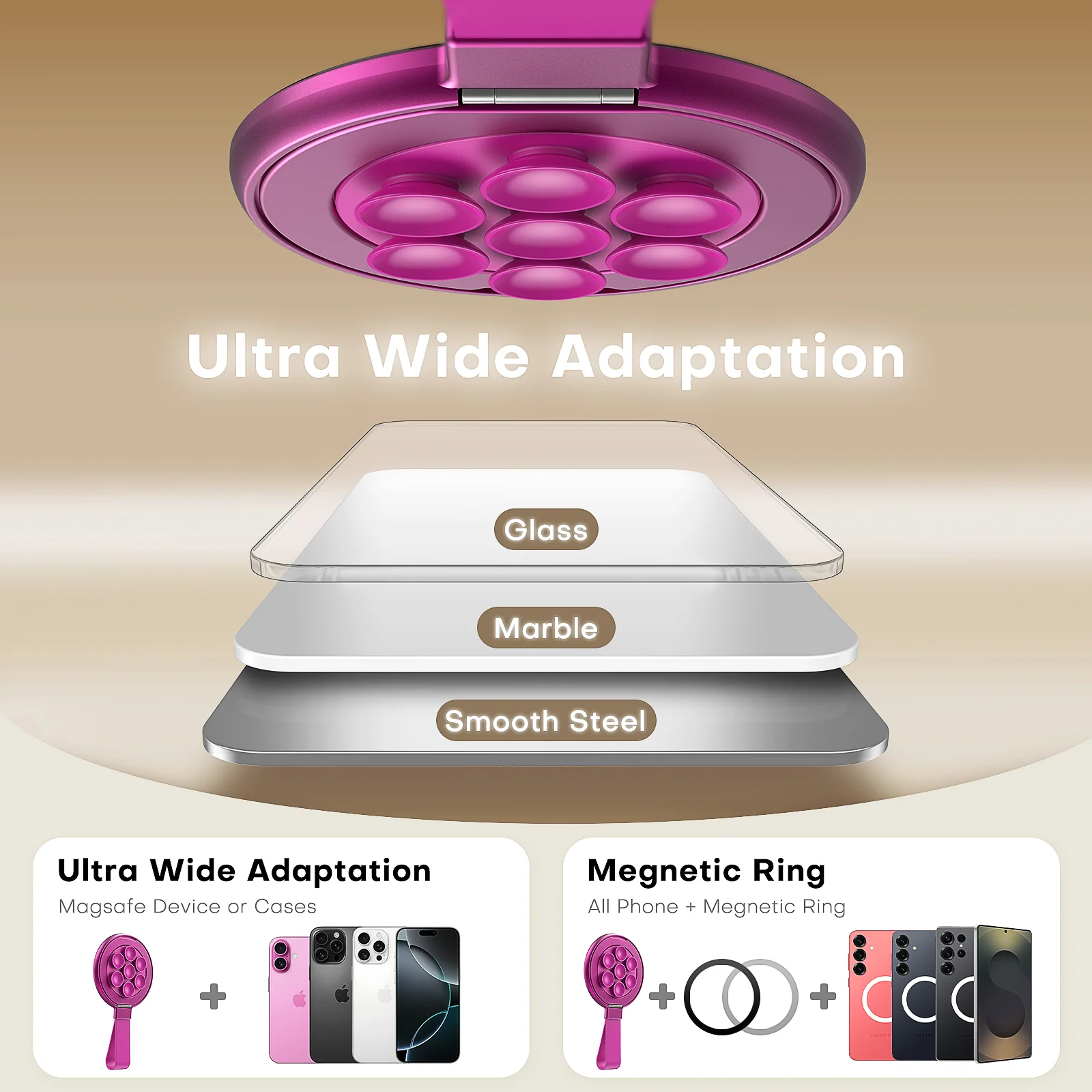 TAURI for Magsafe Suction Phone Grip - Universal Magnetic Suction Grip, 360° Rotating Hands-Free Holder, Silicone Suction Grip for iPhone 16 Pro Max/15/Android/S25,Hot Pink - Image 2
