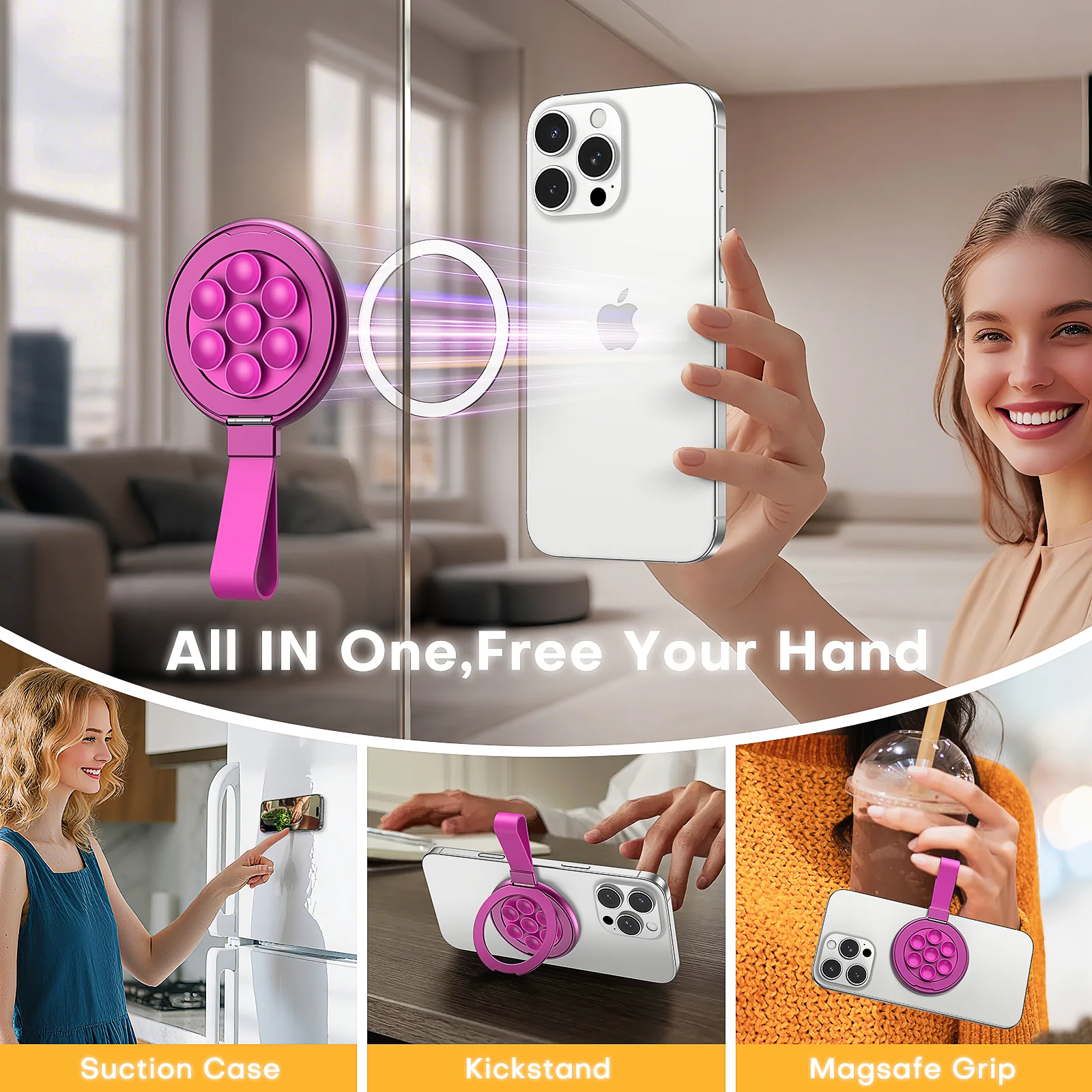 TAURI for Magsafe Suction Phone Grip - Universal Magnetic Suction Grip, 360° Rotating Hands-Free Holder, Silicone Suction Grip for iPhone 16 Pro Max/15/Android/S25,Hot Pink - Image 3