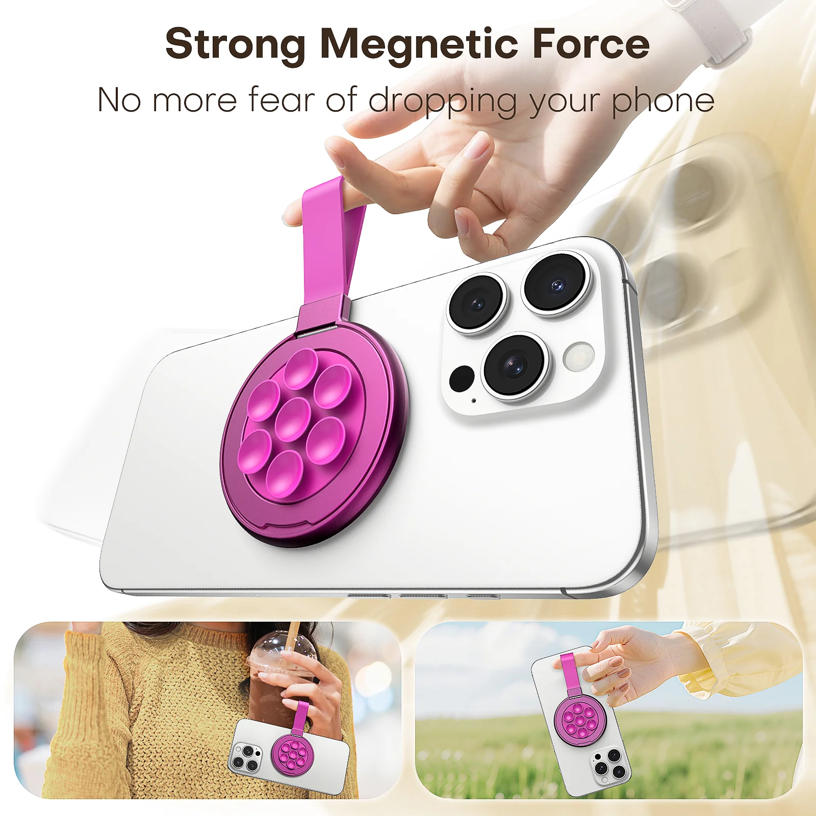 TAURI for Magsafe Suction Phone Grip - Universal Magnetic Suction Grip, 360° Rotating Hands-Free Holder, Silicone Suction Grip for iPhone 16 Pro Max/15/Android/S25,Hot Pink - Image 6