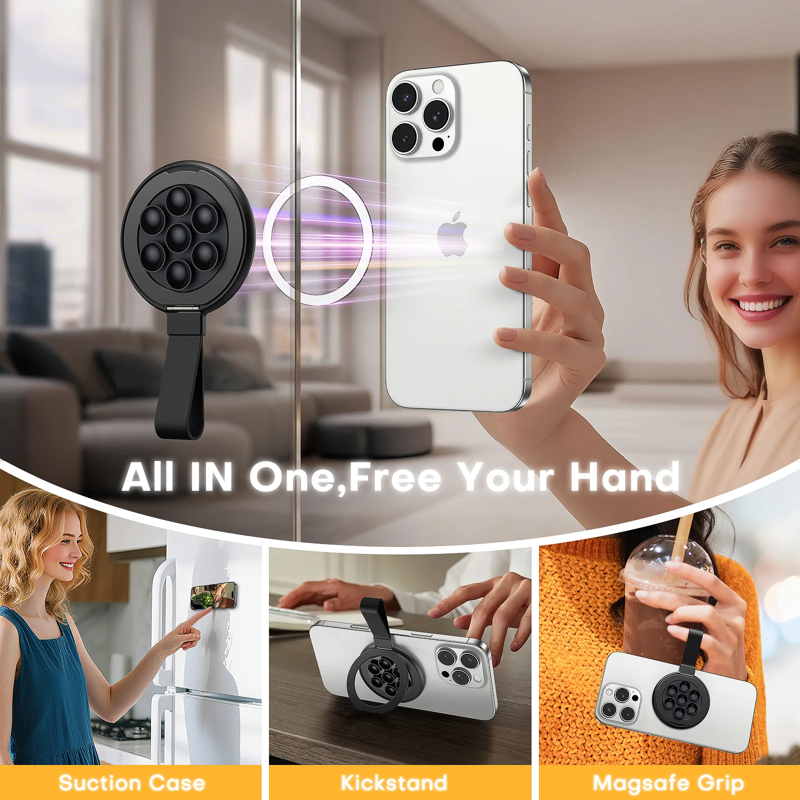 TAURI for Magsafe Suction Phone Grip - Universal Magnetic Suction Grip, 360° Rotating Hands-Free Holder, Silicone Suction Grip for iPhone 16 Pro Max/15/Android/S25,Black - Image 3